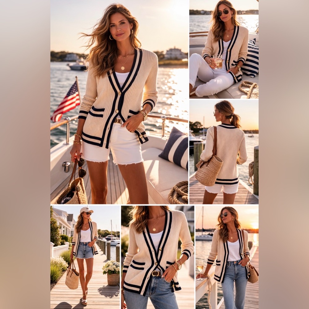 CAbi Cream and Navy Blue Preppy Chic Boating Cardigan Sweater